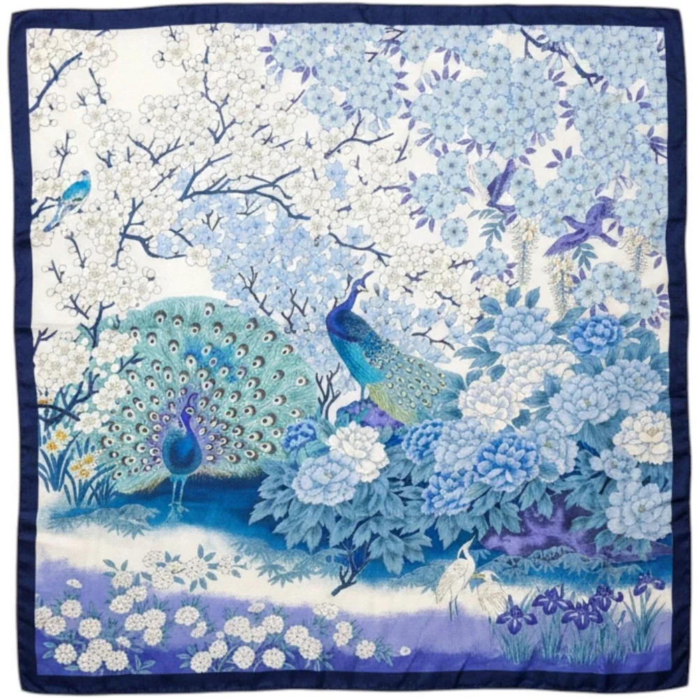 Vintage Japanese 100% Silk Square Scarf Blue White Peacock Floral Made in Japan